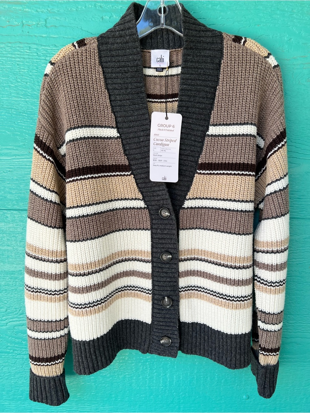 CABI Cocoa Striped Cardigan Cotton Blend  SIZE LARGE NWT Retail $159.